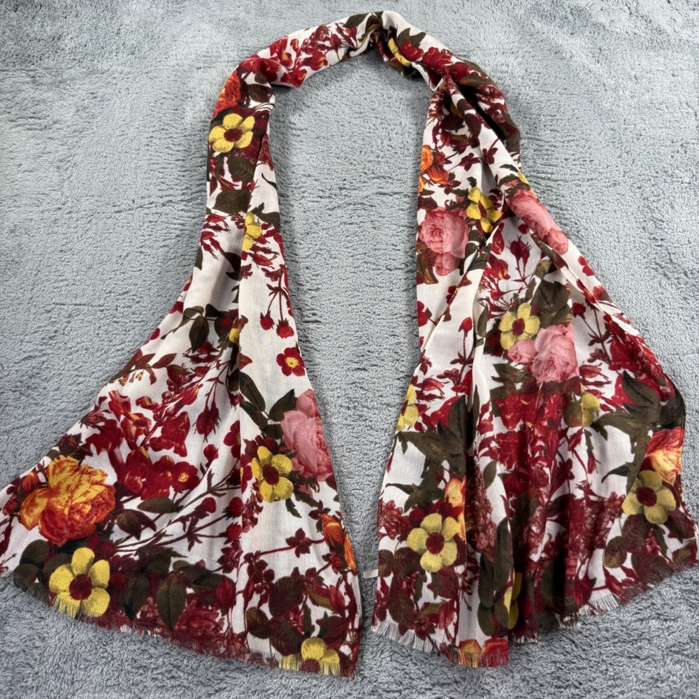 Talbots Floral Scarf Women OS White Red Yellow Excellent Fringed Cottagecore